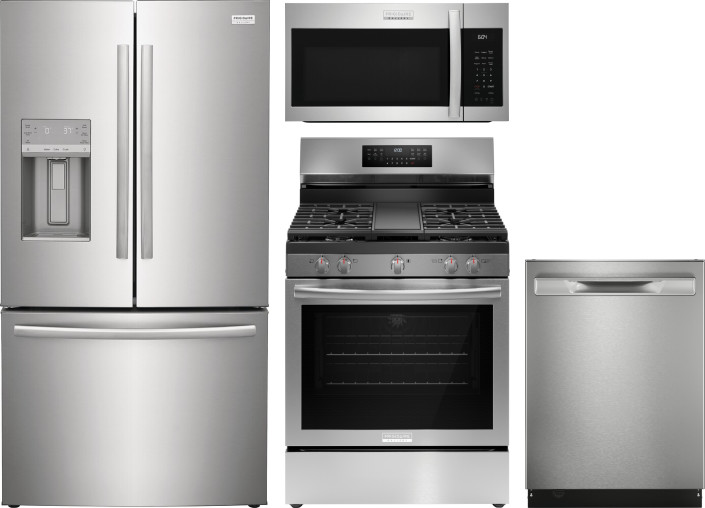 Frigidaire Gallery 4 Piece Kitchen Appliances Package with French Door Refrigerator, Gas Range, Dishwasher and Over the Range Microwave in Stainless S