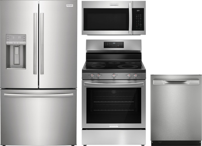 Frigidaire Gallery 4 Piece Kitchen Appliances Package with French Door Refrigerator, Electric Range, Dishwasher and Over the Range Microwave in Stainl