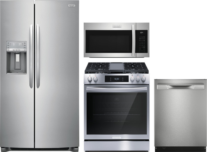 Frigidaire Gallery 4 Piece Kitchen Appliances Package with Side-by-Side Refrigerator, Gas Range, Dishwasher and Over the Range Microwave in Stainless 