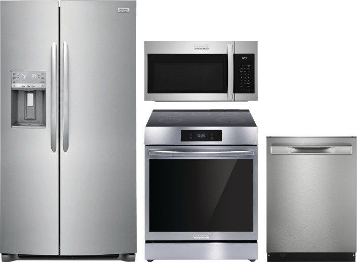 Frigidaire Gallery 4 Piece Kitchen Appliances Package with Side-by-Side Refrigerator, Induction Range, Dishwasher and Over the Range Microwave in Stai