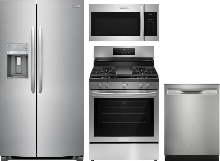 Frigidaire Gallery 4 Piece Kitchen Appliances Package with Side-by-Side Refrigerator, Gas Range, Dishwasher and Over the Range Microwave in Stainless 