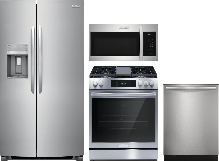 Frigidaire Gallery 4 Piece Kitchen Appliances Package with Side-by-Side Refrigerator, Gas Range, Dishwasher and Over the Range Microwave in Stainless 