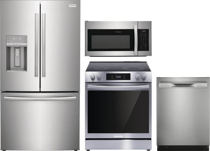 Frigidaire Gallery 4 Piece Kitchen Appliances Package with French Door Refrigerator, Electric Range, Dishwasher and Over the Range Microwave in Stainl