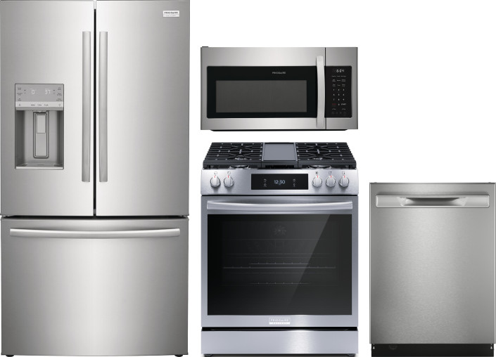 Frigidaire Gallery 4 Piece Kitchen Appliances Package with French Door Refrigerator, Gas Range, Dishwasher and Over the Range Microwave in Stainless S