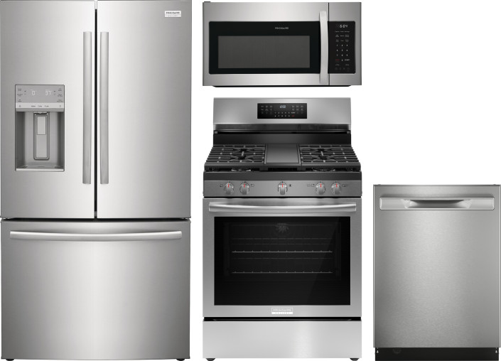 Frigidaire Gallery 4 Piece Kitchen Appliances Package with French Door Refrigerator, Gas Range, Dishwasher and Over the Range Microwave in Stainless S