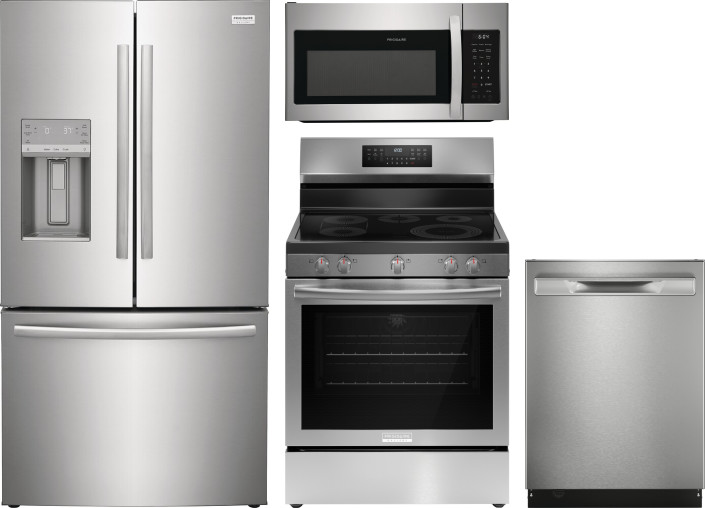 Frigidaire Gallery 4 Piece Kitchen Appliances Package with French Door Refrigerator, Electric Range, Dishwasher and Over the Range Microwave in Stainl