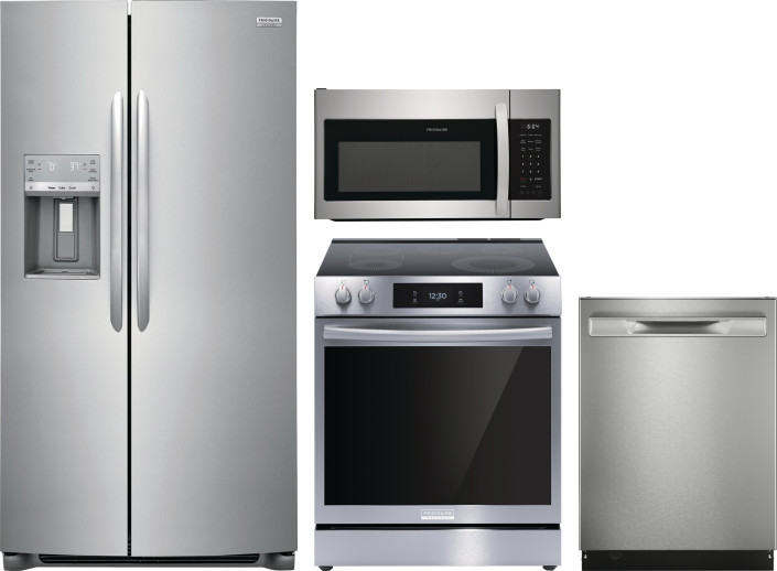Frigidaire Gallery 4 Piece Kitchen Appliances Package with Side-by-Side Refrigerator, Electric Range, Dishwasher and Over the Range Microwave in Stain