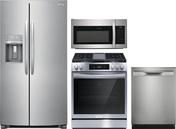 Frigidaire Gallery 4 Piece Kitchen Appliances Package with Side-by-Side Refrigerator, Gas Range, Dishwasher and Over the Range Microwave in Stainless 