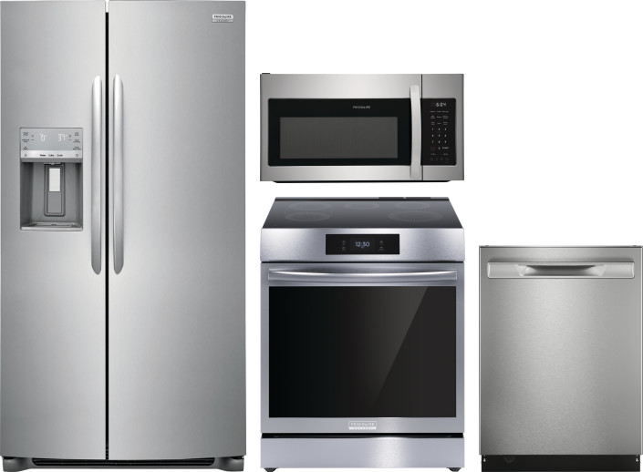 Frigidaire Gallery 4 Piece Kitchen Appliances Package with Side-by-Side Refrigerator, Induction Range, Dishwasher and Over the Range Microwave in Stai