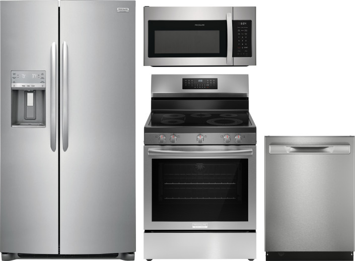 Frigidaire Gallery 4 Piece Kitchen Appliances Package with Side-by-Side Refrigerator, Electric Range, Dishwasher and Over the Range Microwave in Stain