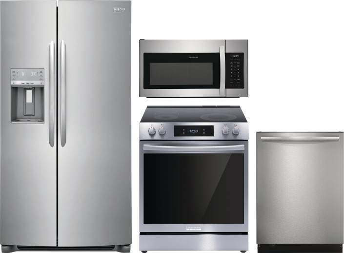 Frigidaire Gallery 4 Piece Kitchen Appliances Package with Side-by-Side Refrigerator, Electric Range, Dishwasher and Over the Range Microwave in Stain