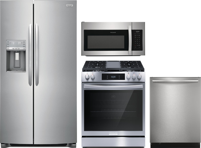 Frigidaire Gallery 4 Piece Kitchen Appliances Package with Side-by-Side Refrigerator, Gas Range, Dishwasher and Over the Range Microwave in Stainless 