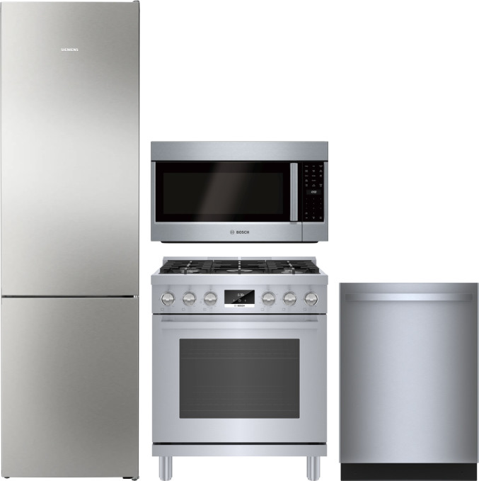 Bosch 800 4 Piece Kitchen Appliances Package with Bottom Freezer Refrigerator, Gas Range, Dishwasher and Over the Range Microwave in Stainless Steel B