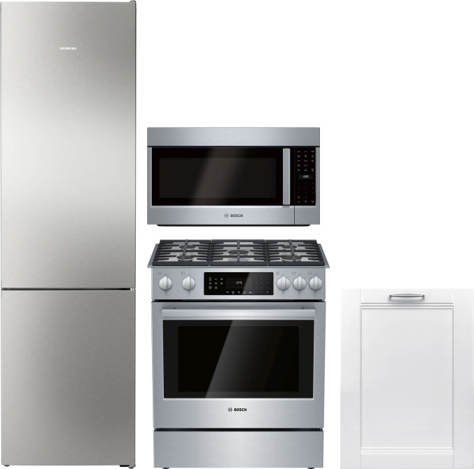 Bosch 800 4 Piece Kitchen Appliances Package with Bottom Freezer Refrigerator, Gas Range, Dishwasher and Over the Range Microwave in Stainless Steel B
