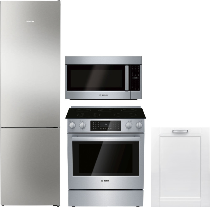 Bosch 800 4 Piece Kitchen Appliances Package with Bottom Freezer Refrigerator, Electric Range, Dishwasher and Over the Range Microwave in Stainless St
