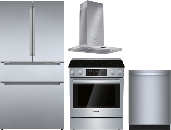 Bosch 4 Piece Kitchen Appliances Package with French Door Refrigerator, Electric Range and Dishwasher in Stainless Steel BORERADWRH829