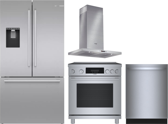 Bosch 4 Piece Kitchen Appliances Package with French Door Refrigerator, Induction Range and Dishwasher in Stainless Steel BORERADWRH830