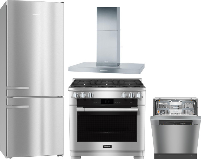 Miele 4 Piece Kitchen Appliances Package with Bottom Freezer Refrigerator, Dual Fuel Range and Dishwasher in Stainless Steel MIRERADWRH3124