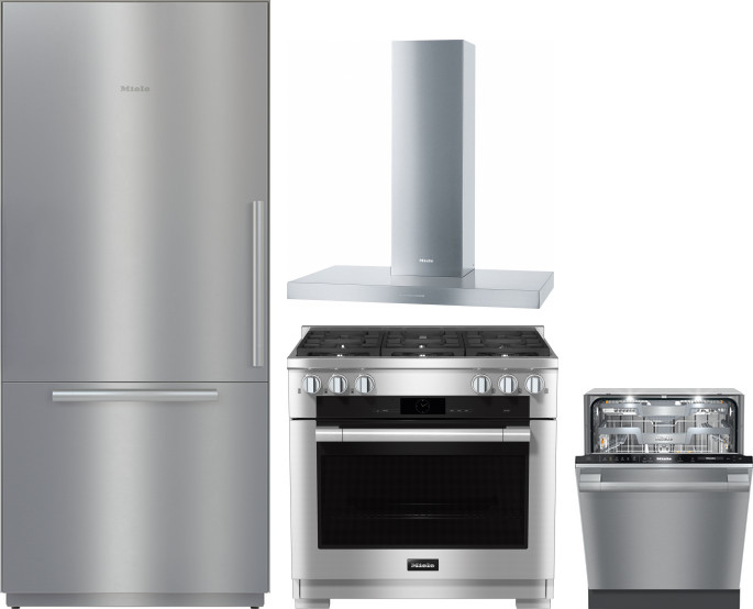 Miele 4 Piece Kitchen Appliances Package with Bottom Freezer Refrigerator, Dual Fuel Range and Dishwasher in Stainless Steel MIRERARHDW6