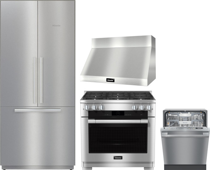 Miele 4 Piece Kitchen Appliances Package with French Door Refrigerator, Dual Fuel Range and Dishwasher in Stainless Steel MIRERARHDW7