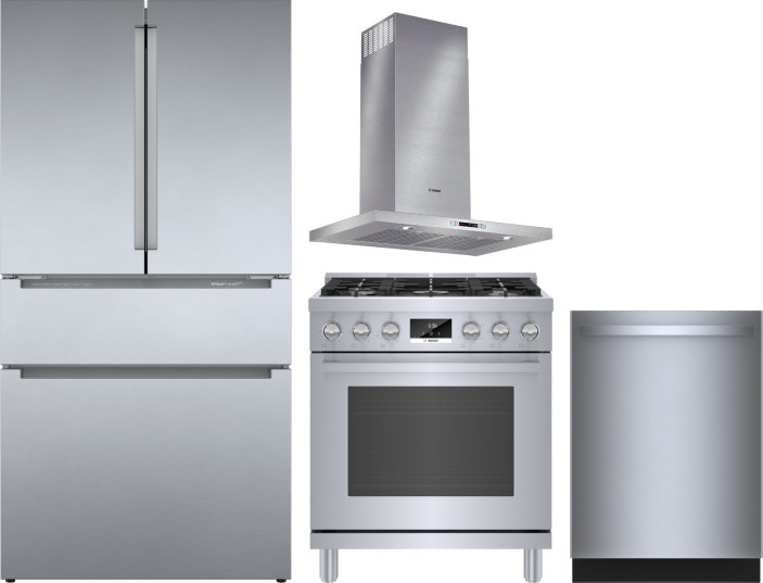 Bosch 4 Piece Kitchen Appliances Package with French Door Refrigerator, Gas Range and Dishwasher in Stainless Steel BORERADWRH831