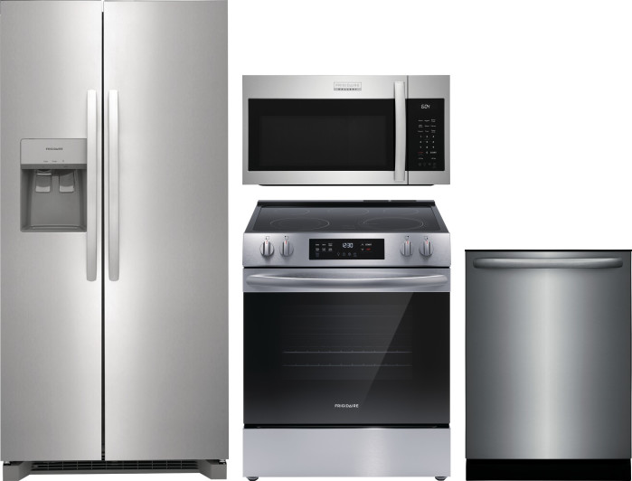 Frigidaire 4 Piece Kitchen Appliances Package with Side-by-Side Refrigerator, Electric Range, Dishwasher and Over the Range Microwave in Stainless Ste