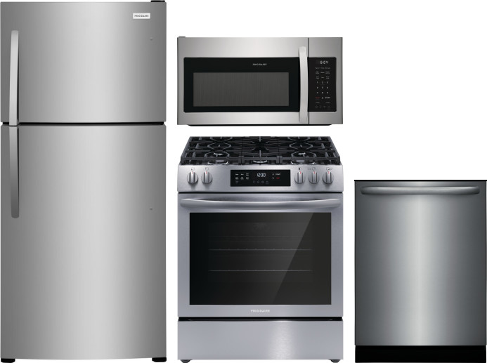 Frigidaire 4 Piece Kitchen Appliances Package with Top Freezer Refrigerator, Gas Range, Dishwasher and Over the Range Microwave in Stainless Steel FRR -  FRRERADWMW888962086