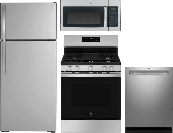 GE 4 Piece Kitchen Appliances Package with Top Freezer Refrigerator, Gas Range, Dishwasher and Over the Range Microwave in Stainless Steel GERERADWMW1