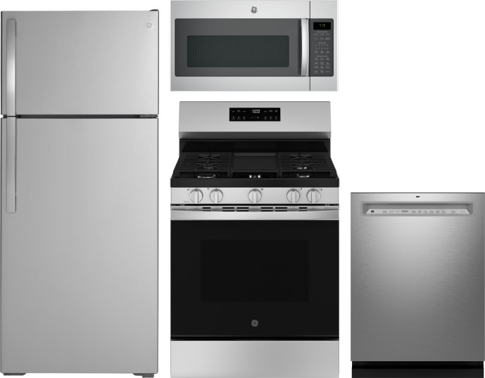 GE 4 Piece Kitchen Appliances Package with Top Freezer Refrigerator, Gas Range, Dishwasher and Over the Range Microwave in Stainless Steel GERERADWMW1 -  GERERADWMW104058