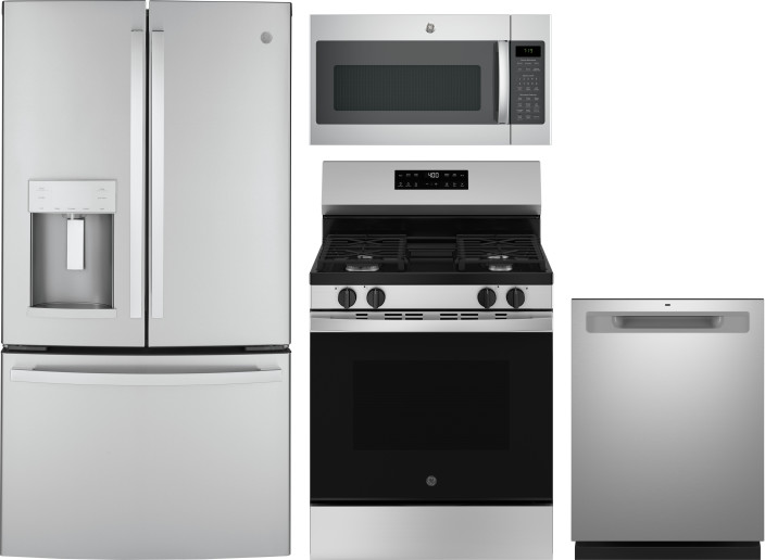 GE 4 Piece Kitchen Appliances Package with French Door Refrigerator, Gas Range, Dishwasher and Over the Range Microwave in Stainless Steel GERERADWMW1