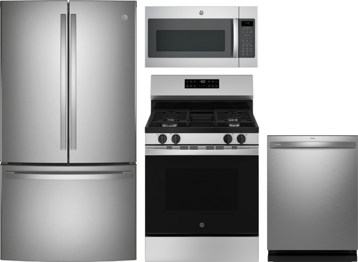 GE 4 Piece Kitchen Appliances Package with French Door Refrigerator, Gas Range, Dishwasher and Over the Range Microwave in Stainless Steel GERERADWMW1