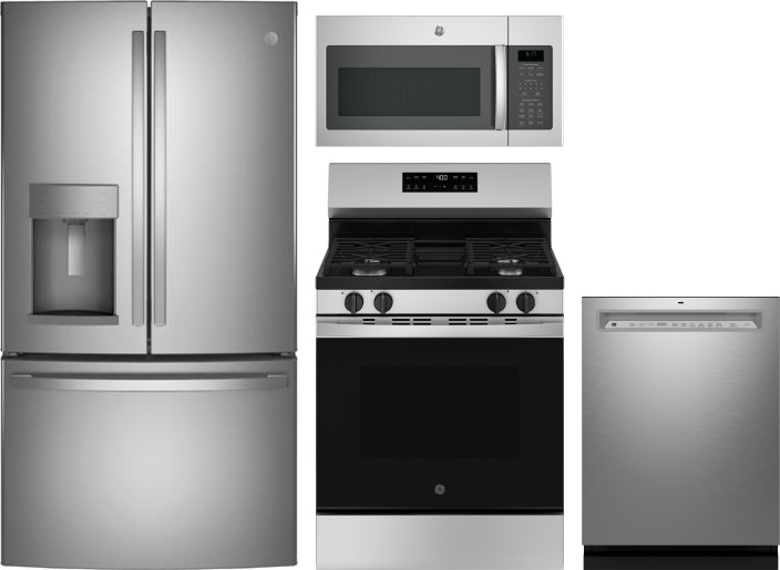 GE 4 Piece Kitchen Appliances Package with French Door Refrigerator, Gas Range, Dishwasher and Over the Range Microwave in Stainless Steel GERERADWMW1