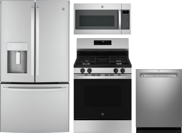 GE 4 Piece Kitchen Appliances Package with French Door Refrigerator, Gas Range, Dishwasher and Over the Range Microwave in Stainless Steel GERERADWMW1