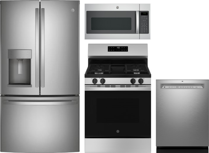GE 4 Piece Kitchen Appliances Package with French Door Refrigerator, Gas Range, Dishwasher and Over the Range Microwave in Stainless Steel GERERADWMW1