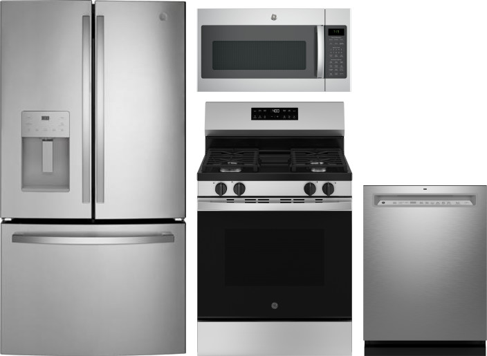 GE 4 Piece Kitchen Appliances Package with French Door Refrigerator, Gas Range, Dishwasher and Over the Range Microwave in Fingerprint Resistant Stain