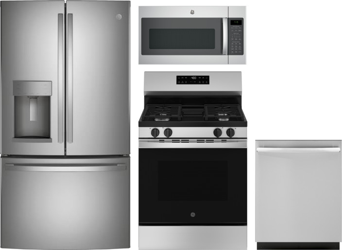 GE 4 Piece Kitchen Appliances Package with French Door Refrigerator, Gas Range, Dishwasher and Over the Range Microwave in Stainless Steel GERERADWMW1