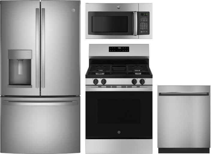 GE 4 Piece Kitchen Appliances Package with French Door Refrigerator, Gas Range, Dishwasher and Over the Range Microwave in Stainless Steel GERERADWMW1