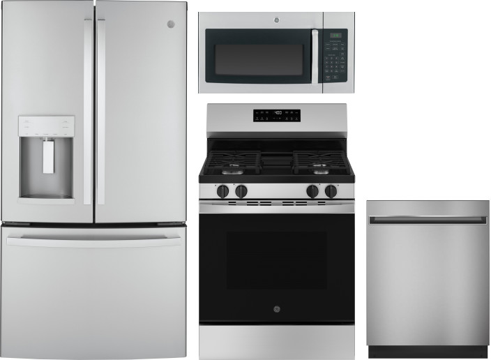 GE 4 Piece Kitchen Appliances Package with French Door Refrigerator, Gas Range, Dishwasher and Over the Range Microwave in Stainless Steel GERERADWMW1