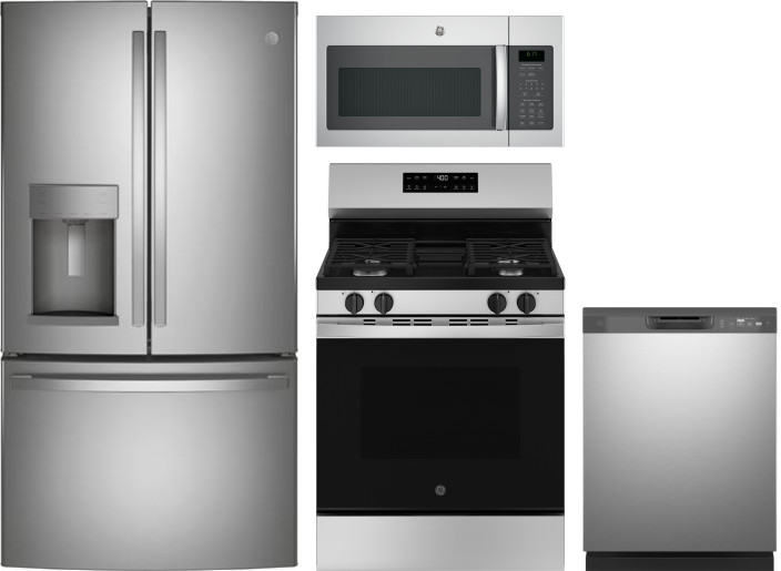 GE 4 Piece Kitchen Appliances Package with French Door Refrigerator, Gas Range, Dishwasher and Over the Range Microwave in Stainless Steel GERERADWMW1