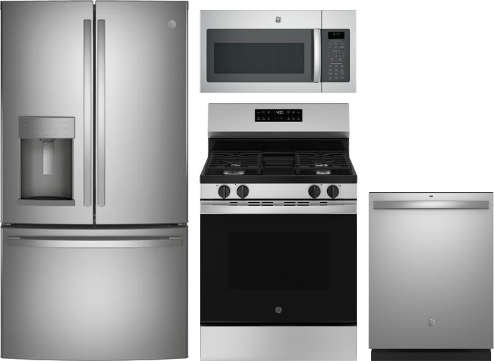 GE 4 Piece Kitchen Appliances Package with French Door Refrigerator, Gas Range, Over the Range Microwave and Dishwasher in Stainless Steel GERERAMWDW1