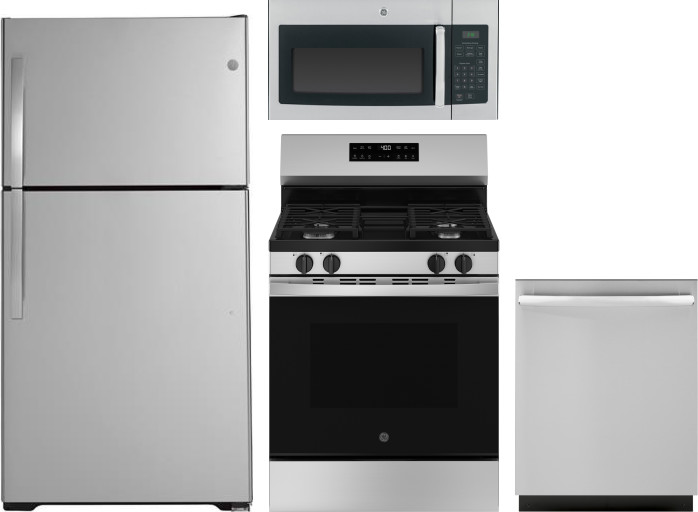 GE 4 Piece Kitchen Appliances Package with Top Freezer Refrigerator, Gas Range, Dishwasher and Over the Range Microwave in Stainless Steel GERERADWMW1