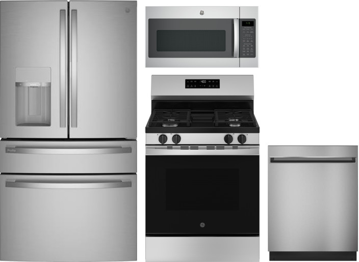 GE 4 Piece Kitchen Appliances Package with French Door Refrigerator, Gas Range, Dishwasher and Over the Range Microwave in Stainless Steel GERERADWMW1