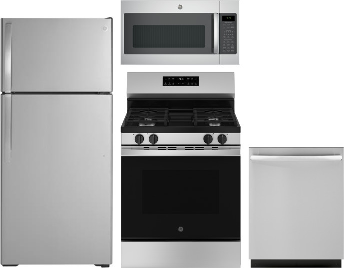 GE 4 Piece Kitchen Appliances Package with Top Freezer Refrigerator, Gas Range, Dishwasher and Over the Range Microwave in Stainless Steel GERERADWMW1