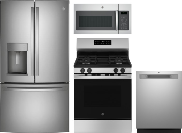 GE 4 Piece Kitchen Appliances Package with French Door Refrigerator, Gas Range, Over the Range Microwave and Dishwasher in Stainless Steel GERERAMWDW1