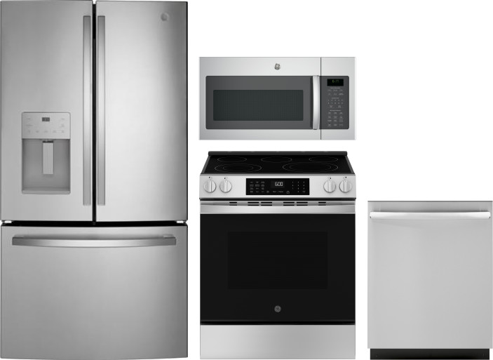 GE 4 Piece Kitchen Appliances Package with French Door Refrigerator, Electric Range, Dishwasher and Over the Range Microwave in Stainless Steel GERERA -  GERERADWMW104095