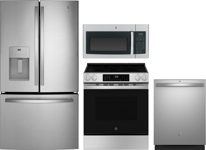 GE 4 Piece Kitchen Appliances Package with French Door Refrigerator, Electric Range, Dishwasher and Over the Range Microwave in Stainless Steel GERERA -  GERERADWMW104096