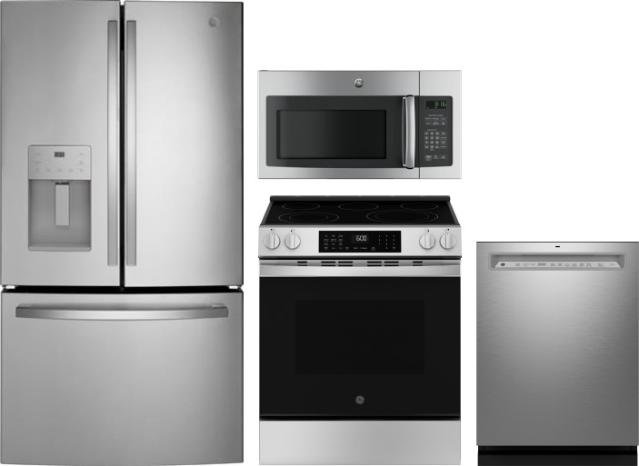 GE 4 Piece Kitchen Appliances Package with French Door Refrigerator, Electric Range, Dishwasher and Over the Range Microwave in Stainless Steel GERERA -  GERERADWMW104105