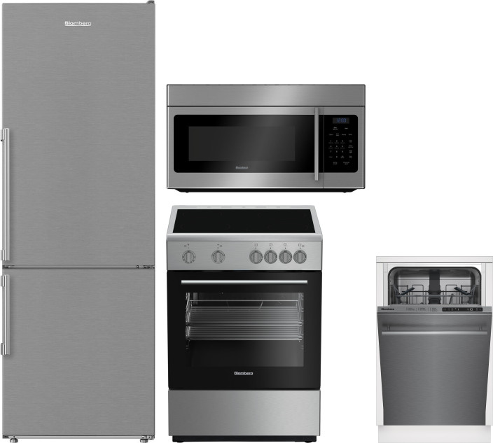 Blomberg 4 Piece Kitchen Appliances Package with Bottom Freezer Refrigerator, Electric Range, Dishwasher and Over the Range Microwave in Stainless Ste -  BLRERADWMW1013