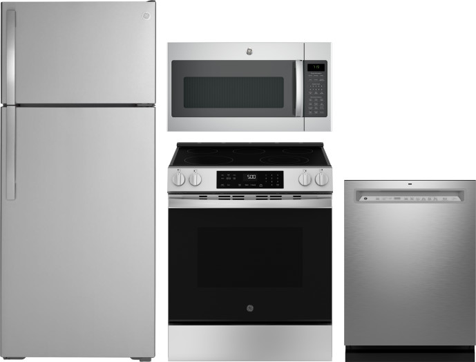 GE 4 Piece Kitchen Appliances Package with Top Freezer Refrigerator, Electric Range, Dishwasher and Over the Range Microwave in Stainless Steel GERERA -  GERERADWMW104117