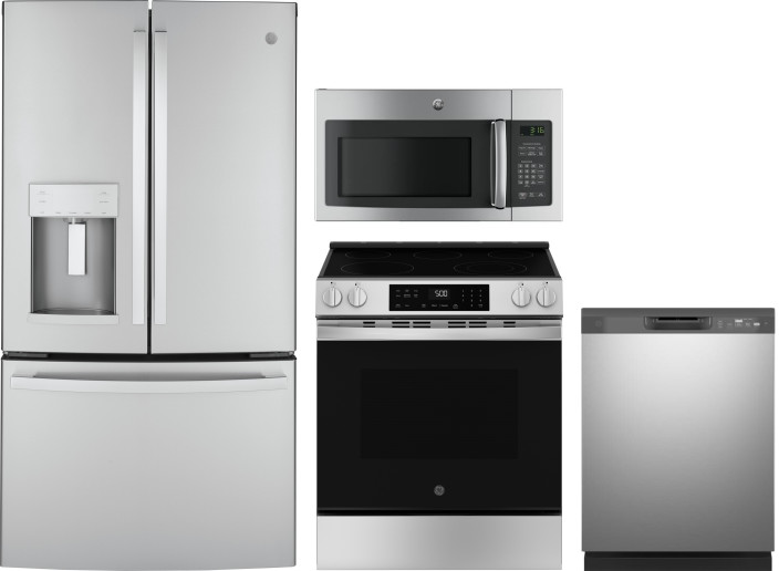 GE 4 Piece Kitchen Appliances Package with French Door Refrigerator, Electric Range, Dishwasher and Over the Range Microwave in Stainless Steel GERERA